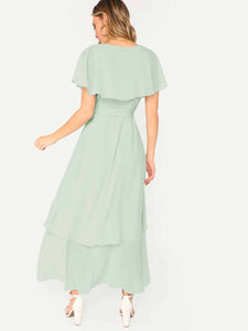 Self Belted Surplice Wrap Cape Dress