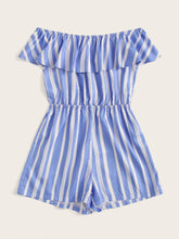 Load image into Gallery viewer, Striped Off Shoulder Ruffle Trim Playsuit