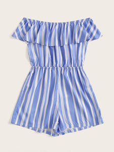 Striped Off Shoulder Ruffle Trim Playsuit