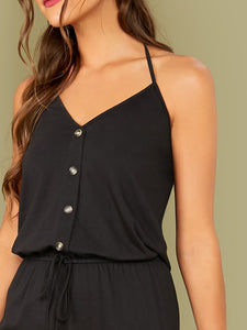 Button Front Drawstring Waist Halter Jumpsuit