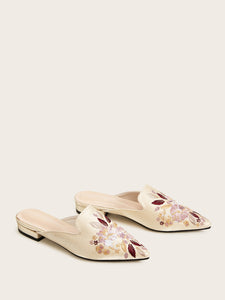 Floral Embroidered Point Toe Flat Mules