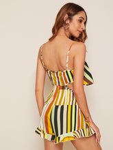 Load image into Gallery viewer, Rainbow Striped Ruffle Hem Cami Romper