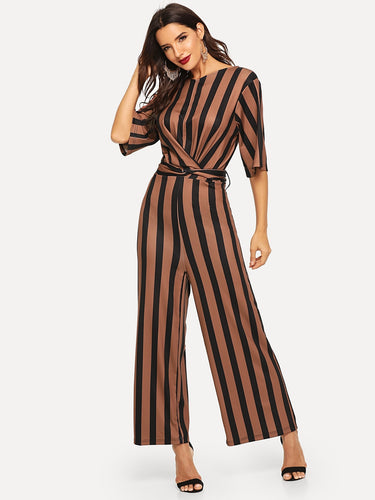 Tie Waist Wide Leg Striped Jumpsuit