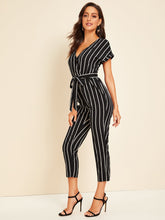 Load image into Gallery viewer, Surplice Neck Self Belted Striped Jumpsuit