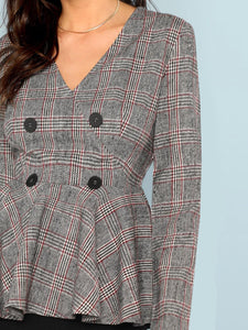 Double Button V-Neck Plaid Blazer