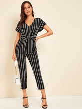 Load image into Gallery viewer, Surplice Neck Self Belted Striped Jumpsuit