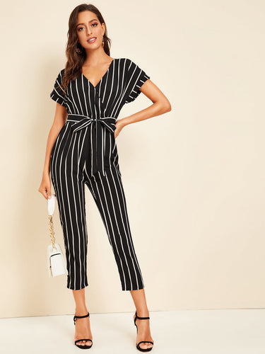 Surplice Neck Self Belted Striped Jumpsuit