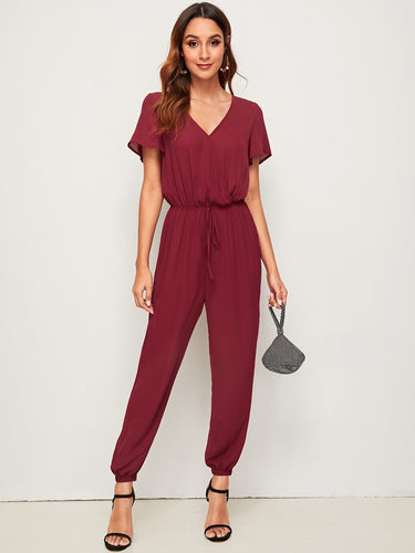 Solid Surplice Neck Drawstring Waist Jumpsuit