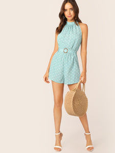 Plicated Detail Buckle Belted Halter Romper