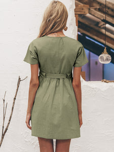 Simplee Button Front Tie Waist Tea Dress