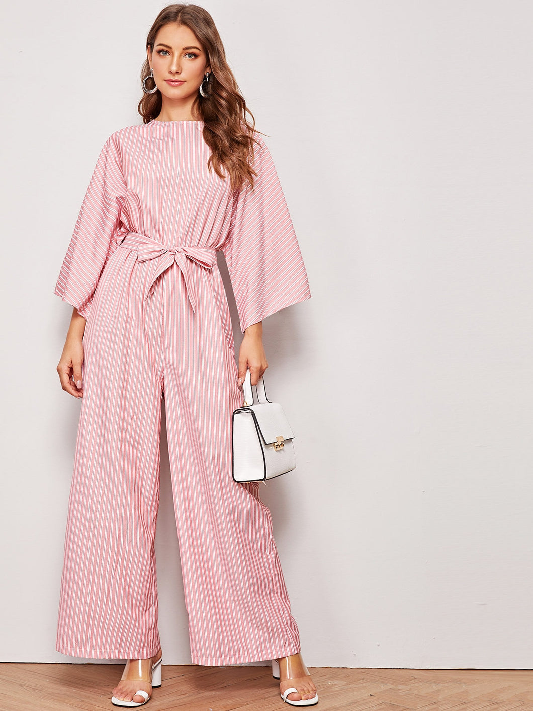 Striped Zip Back Belted Jumpsuit