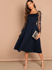 Applique & Mesh Sleeve Flared Dress