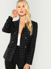 Load image into Gallery viewer, Double Breasted Notched Neck Plaid Blazer