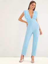 Load image into Gallery viewer, Deep V Neck Layered Pleated Ruffle Trim Jumpsuit