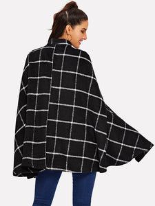 Button Front Plaid Print Cape Coat