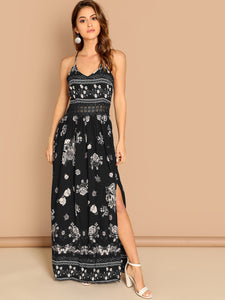 Guipure Lace Insert Split Floral Maxi Cami Dress