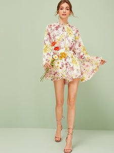 Ditsy Floral Frill Trim Flounce Sleeve Backless Romper