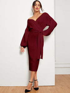 Blouson Sleeve Slit Hem Surplice Bardot Dress