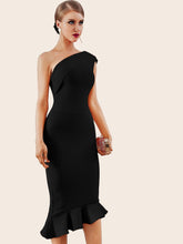 Load image into Gallery viewer, Adyce Zip Back One Shoulder Fishtail Hem Bodycon Dress