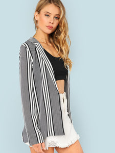 Striped Open Front Blazer BLACK WHITE