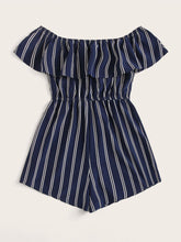 Load image into Gallery viewer, Off Shoulder Flounce Trim Striped Romper