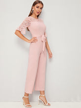 Load image into Gallery viewer, Lace Yoke Ruffle Cuff Belted Jumpsuit