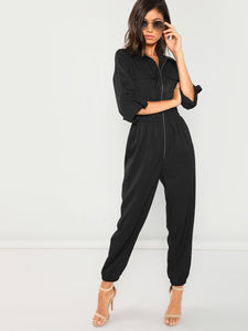 Zip Up Pocket Front Elastic Waist Jumpsuit