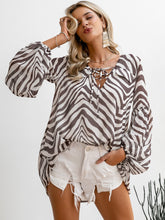 Load image into Gallery viewer, Simplee Zebra Print Lace Up Bishop Sleeve Top