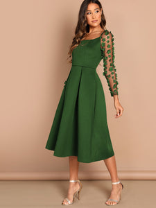 Applique & Mesh Sleeve Flared Dress