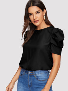 Button Keyhole Back Puff Sleeve Top