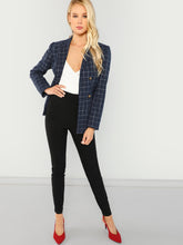 Load image into Gallery viewer, Double Breasted Notched Neck Plaid Blazer