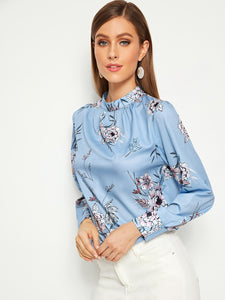 Mock-neck Floral Print Keyhole Back Blouse