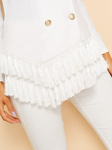 Notched Collar Double Breasted Layered Tassel Hem Blazer