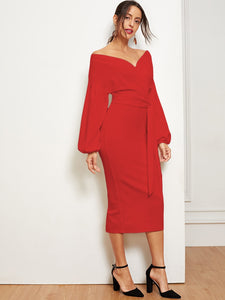 Blouson Sleeve Slit Hem Surplice Bardot Dress