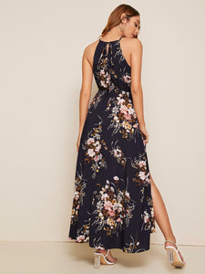 Botanical Print Tie Back High Split Halter Dress