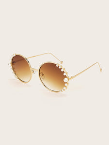 Faux Pearl Decor Round Frame Sunglasses