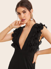 Load image into Gallery viewer, Deep V Neck Layered Pleated Ruffle Trim Jumpsuit