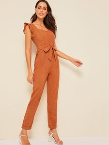 80s Sweetheart Neck Ruffle Armhole Rolled Hem Jumpsuit