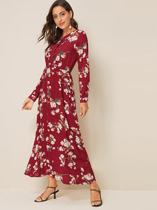 Allover Floral Print Elastic Waist Plicated Dress