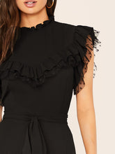 Load image into Gallery viewer, Mesh Ruffle Trim Self Belted Wide Leg Jumpsuit