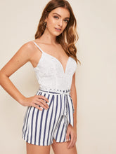 Load image into Gallery viewer, Plunging Neck Guipure Lace Bodice Belted Striped Combo Romper