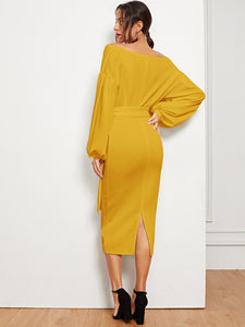 Blouson Sleeve Slit Hem Surplice Bardot Dress