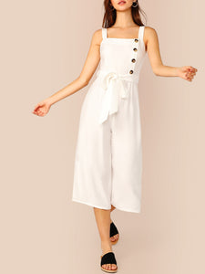 Button Front Belted Pinafore Jumpsuit