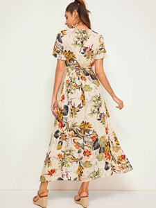 Botanical Print Shirred Waist Button Front Dress