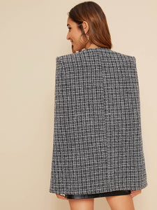 Plunge Neck Double Buttoned Tweed Cape Blazer