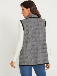 Plaid Waterfall Collar Contrast Binding Coat