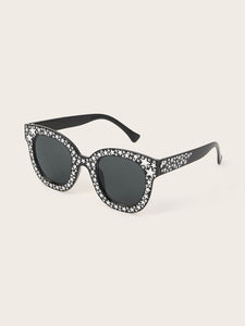 Rhinestone Star Decor Flat Lens Sunglasses With Case