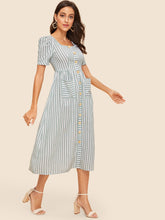 Load image into Gallery viewer, 50s Vertical-stripe Button Up Pocket Patched Dress