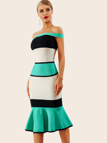 Adyce Color-block Fishtail Hem Bardot Dress