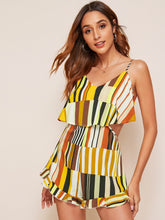 Load image into Gallery viewer, Rainbow Striped Ruffle Hem Cami Romper